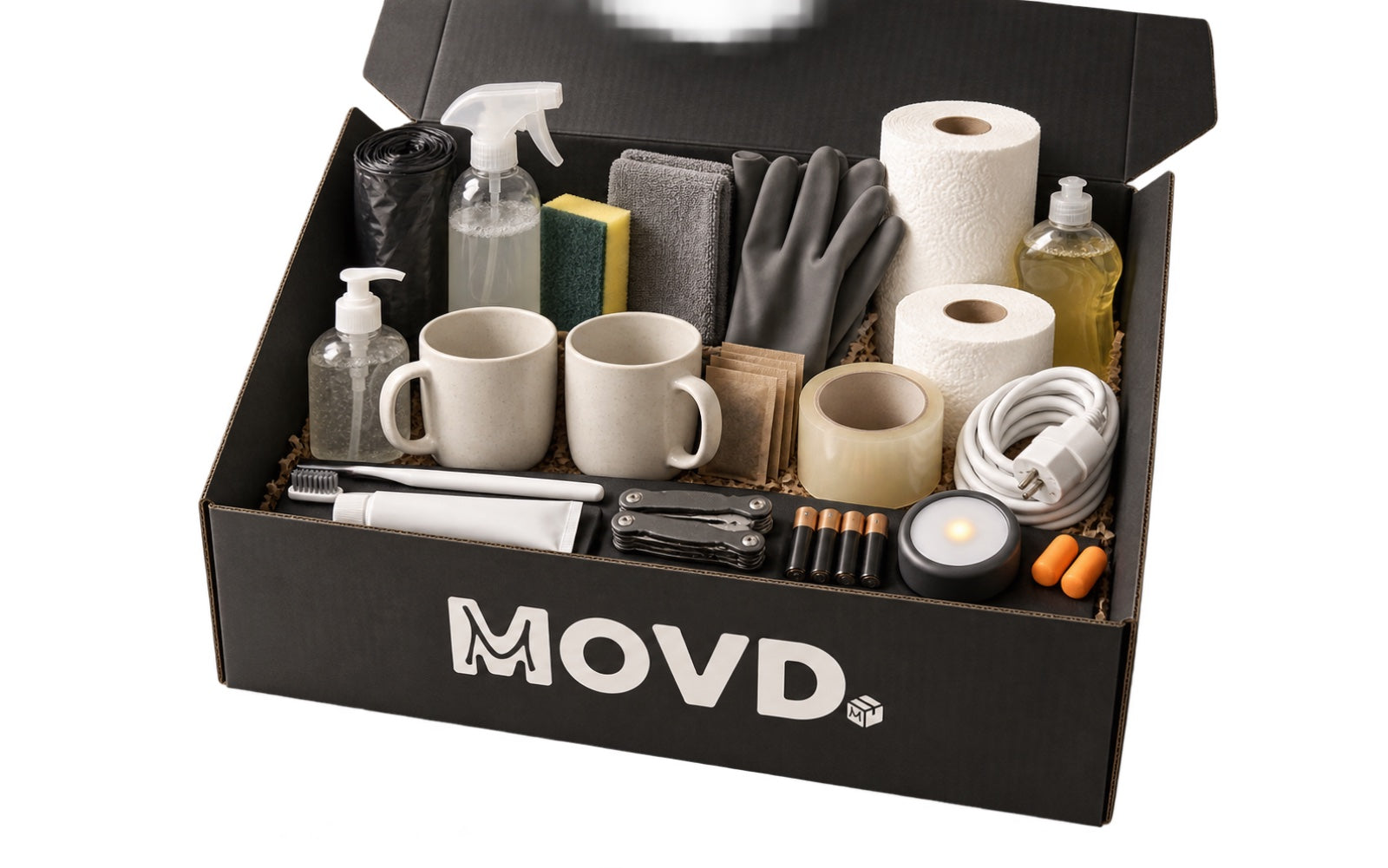 Otevřený MOVD box s poskládaným obsahem — ilustrační vizualizace
